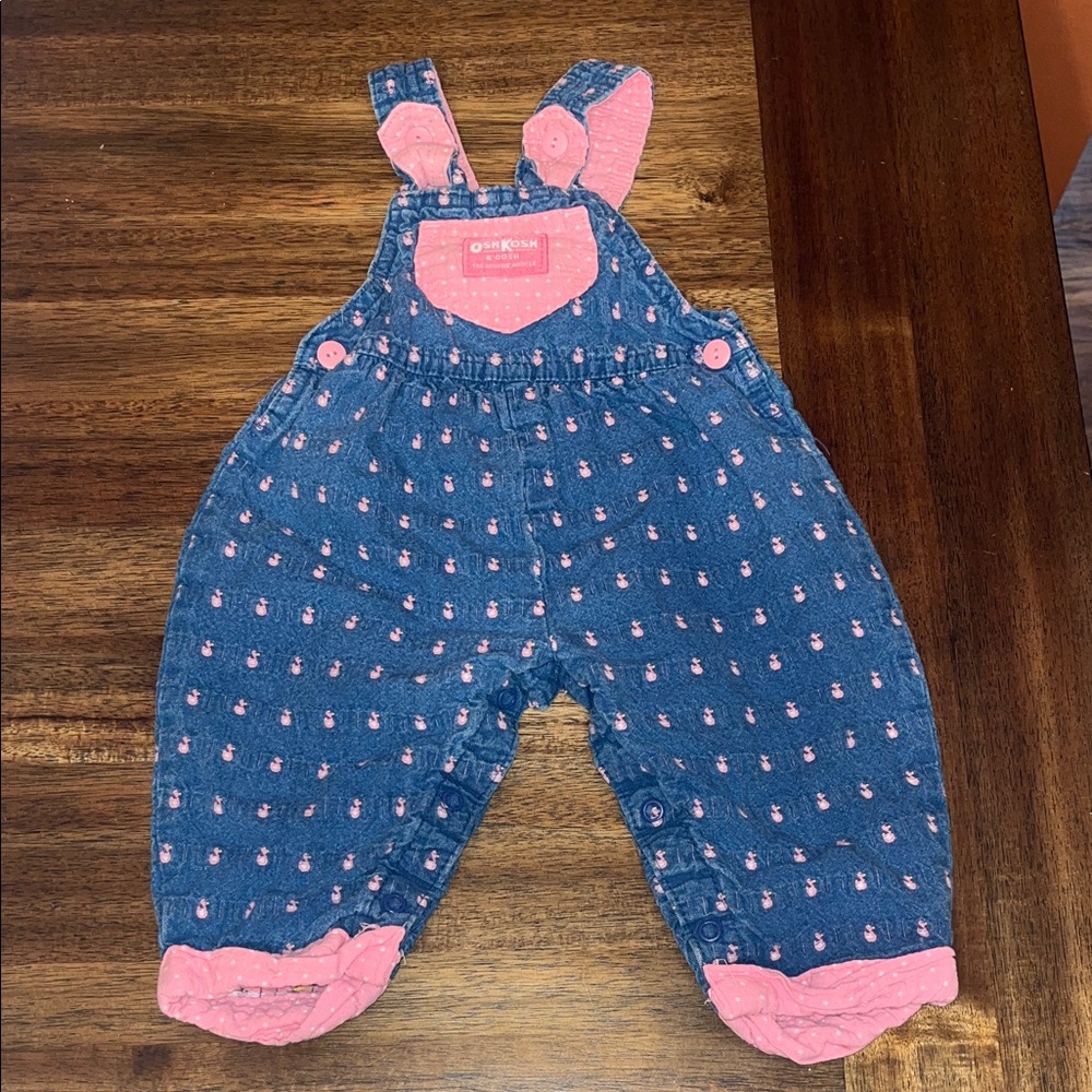 Vintage OshKosh B'gosh Denim Overalls with Pink ducks 6-9 month Nice